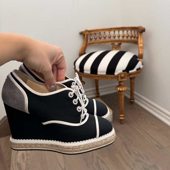 CHANEL Cruise 2016 Espadrille Wedges 39 Navy Canvas Faux Pearl Jute Trim Satin - Picture 11 of 12